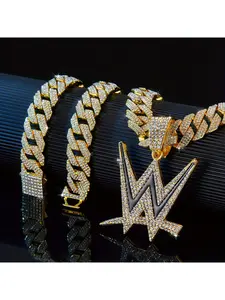 A set of W-shaped themed street hip-hop pendant necklace, boasting a sparkling Cuban chain with a trendy vibe, perfectly suits both daily wear and party occasions for street fashion enthusiasts, Bling Necklace, Letter Necklace Set