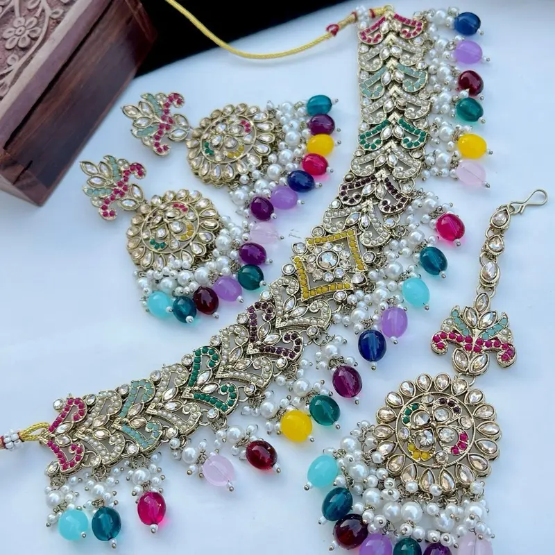 Premium Quality Kundan Meenakari Bridal Set with Adjustable Necklace Faux Pearl Drops Medium Tikka Earrings Pakistani Work Jewelry for Special Occasions