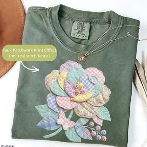 Comfort Colors Faux Quilted Patchwork Daisy Shirt Vintage Aesthetic Flower Top Floral Graphic Tee Cottagecore Patchwork Shirt Spring T-shirt