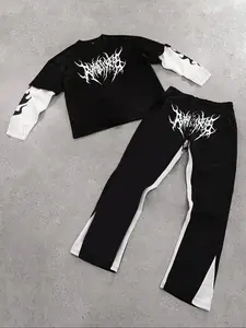 Men's Letter & Figure Patchwork Print Sweatshirt & Drawstring Waist Pants Set, Regular Fit Casual  Streamlined Round Neck Long Sleeve Pullover & Pocket Trousers for Fall & Winter, Streetwear, Men's Two-piece Outfits for Daily Wear