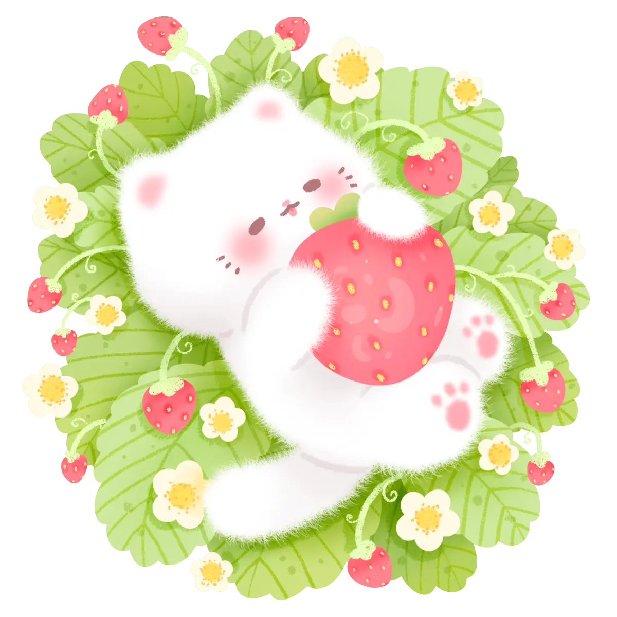 Fluffy Kitty Strawberry Patch Puffy Stickers, Cottagecore Dream Cartoon Animal Cute Animal Character Sticker Pack for DIY Scrapbooking & Stamping, Journal, Laptop