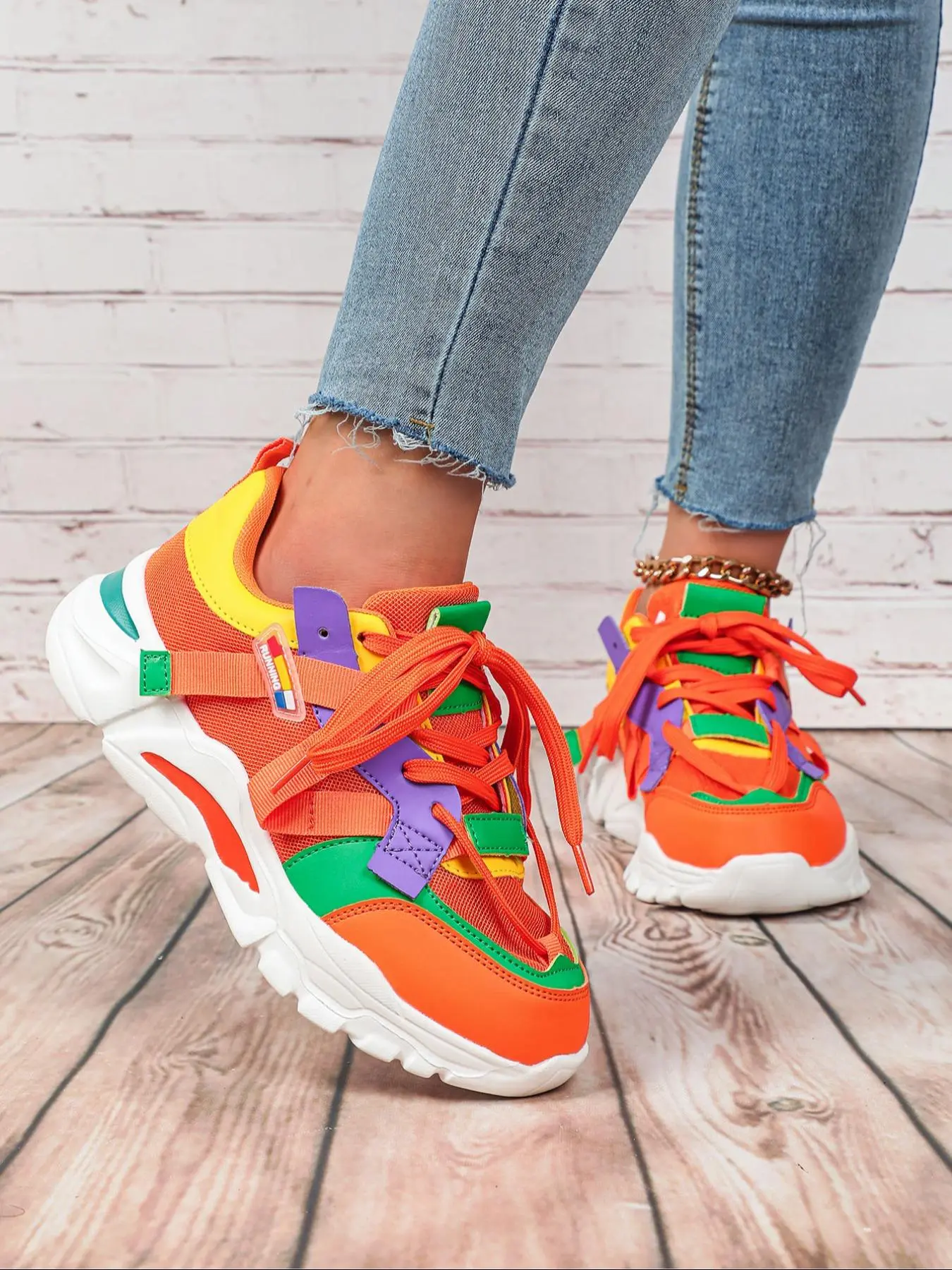 Women's Fashionable Colorblock Lace Up Low Top Sneakers, Casual Comfortable Breathable Sports Running Shoes, Trendy Running Shoes, Athletic Running Shoes, Sporty Running Shoes, All-match Round Toe Chunky Sneakers for Daily Wear
