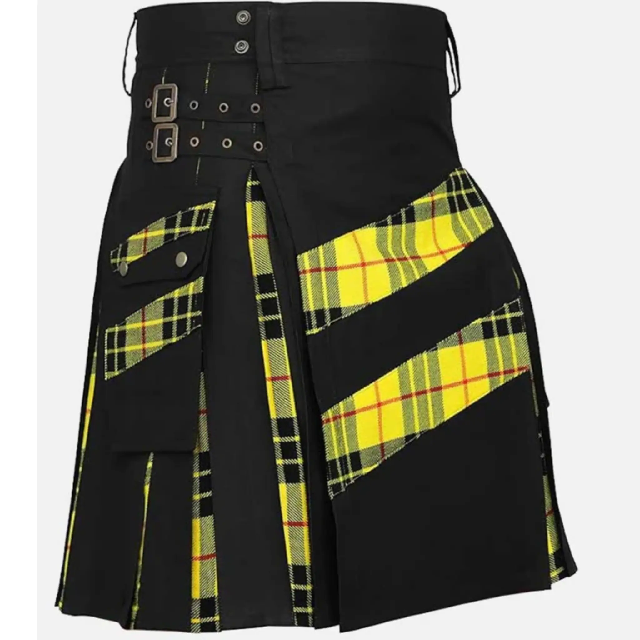 Premium Scottish Modern Hybrid Cotton & Tartan Wedding Kilt with Yellow Plaid Accents Made to Order Tailored Fit Adjustable Straps