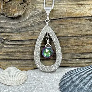 Sparkling Platinum Druzy Drop with Mystic Topaz Necklace