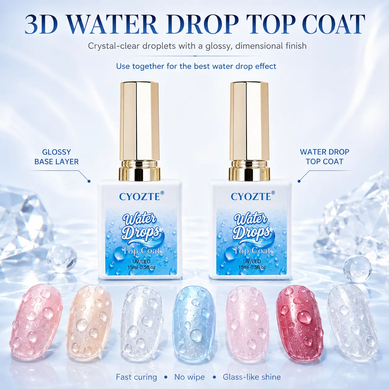 CYOZTE 3D Water Drop Gel Top Coat Set (2×15ml) – No Wipe Raindrop Gel for High Gloss 3D Nail Art Manicure, Water Droplet Effect Nail Polish, DIY Drip Nails, UV/LED Gel Polish
