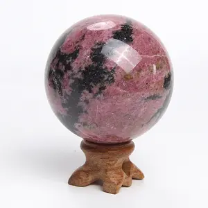 Rhodonite Sphere with Wood Stand Natural Crystal Healing Mineral Stone Ball Sphere Sculpture Figurine Home Decoration Fengshui Divination Sphere