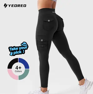 YEOREO High Waist Cargo Leggings Women’s Workout Pants with Pockets Hidden Scrunch Butt Lift Compression Yoga Wear Athletic Bottoms