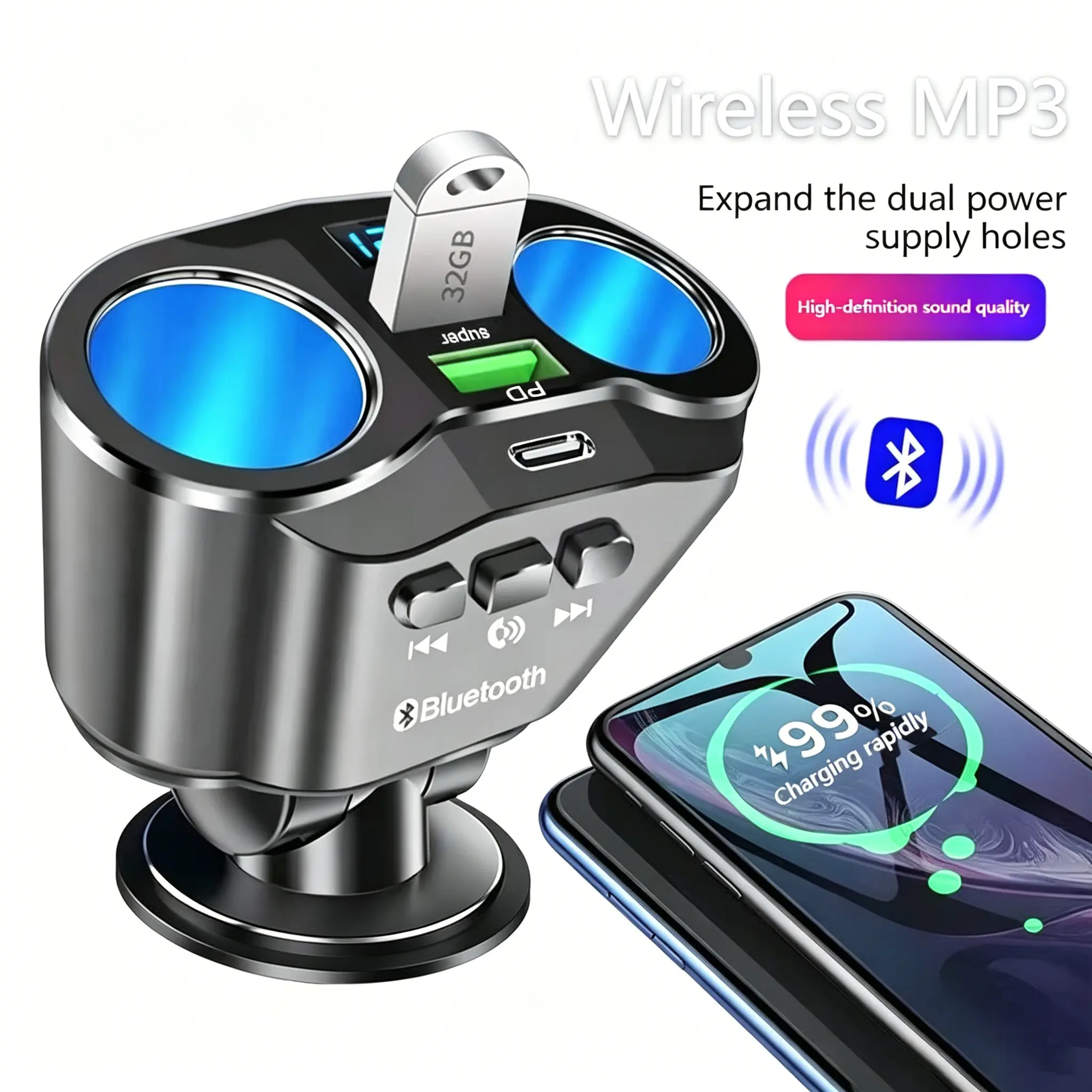 GYIOEUPT Plastic 1-to-2 Car Power Splitter, 66W Fast-Charging Phone Charger with LED Voltage Display, MP3 Player & Multi-Function Expansion Port for Cars
