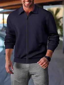 Men's Zipper Knit Cardigan, Premium Comfort Fabric, Casual Business Style, Lapel Design, Adjustable Warmth, Geometric Pattern