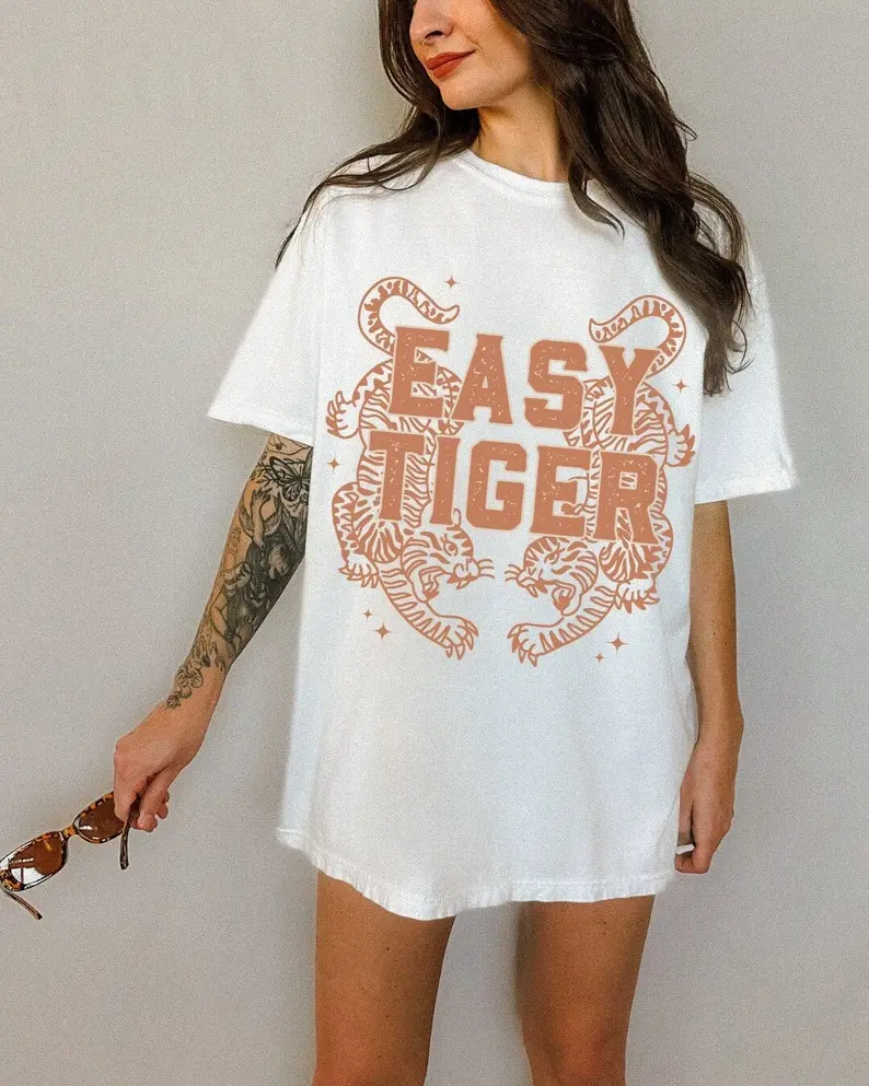 Comfort Colors Easy Tiger Graphic Tee Shirt, Tiger Shirt, Boho Tee, Trendy Vintage Inspired Tee, Boho T-Shirt for Women, Aesthetic Clothes