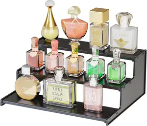 Cologne Stand Men 3 Tier Black Perfume Tray Cologne Acrylic Display Risers Collection Fragrance Cupcake Figure Display Shelf Perfume Stand Organizer Product Fragrance Display Stand
