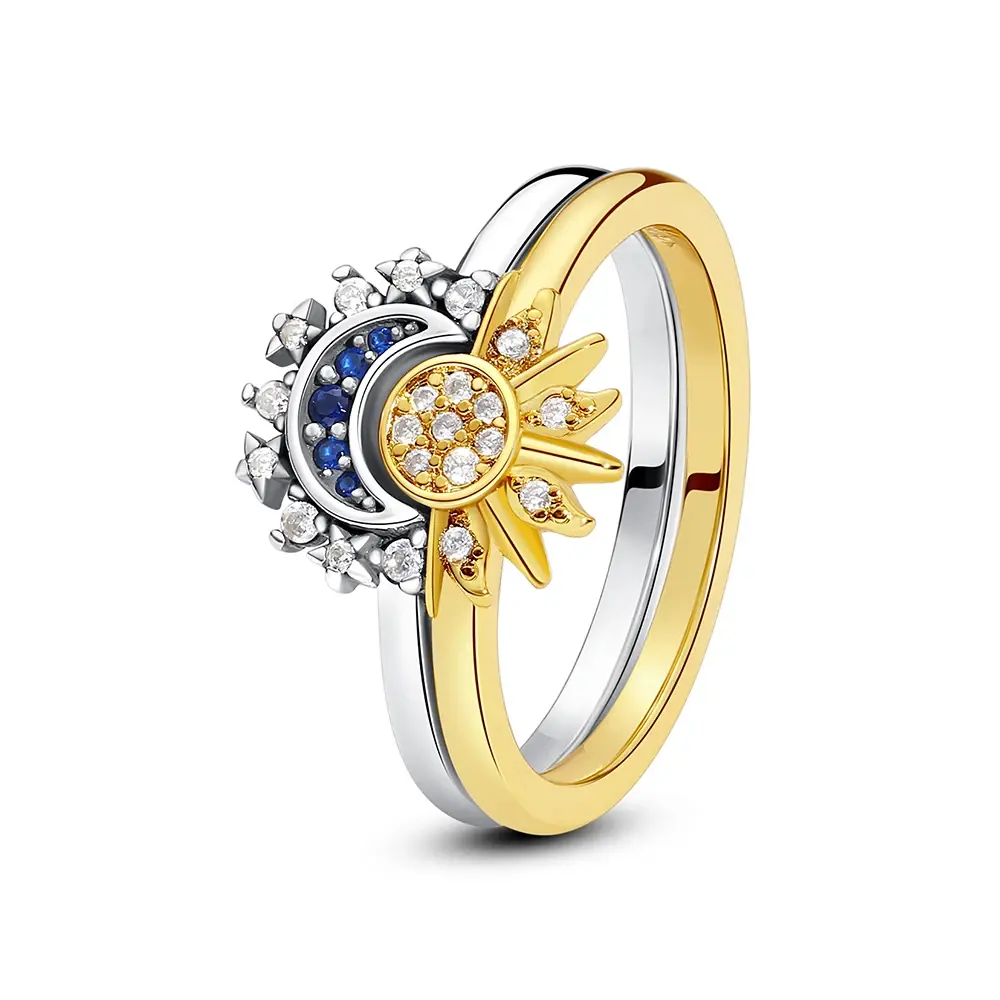 Original 925 Sterling Silver Rings Sun Moon Star Pave CZ Gold Color Stackable Ring For Women Engagement Gift Jewelry Jewelsring