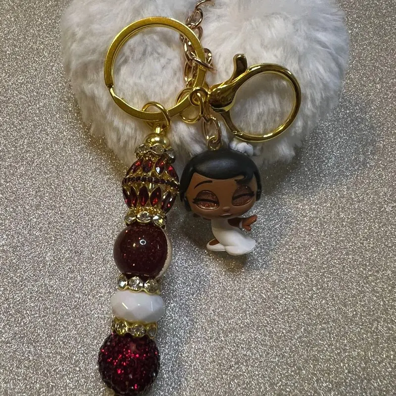 Beaded Keychain with Pompom & Small Topper - Colorful Beads, Decorative Design, Keyring & Pompom