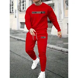 Men's Sports Set - Round neck Long sleeved Top with Strap up Running Pants, Polyester Knitted Fabric, Regular Style Sportswear, Printed Details, Autumn 2-piece Set.