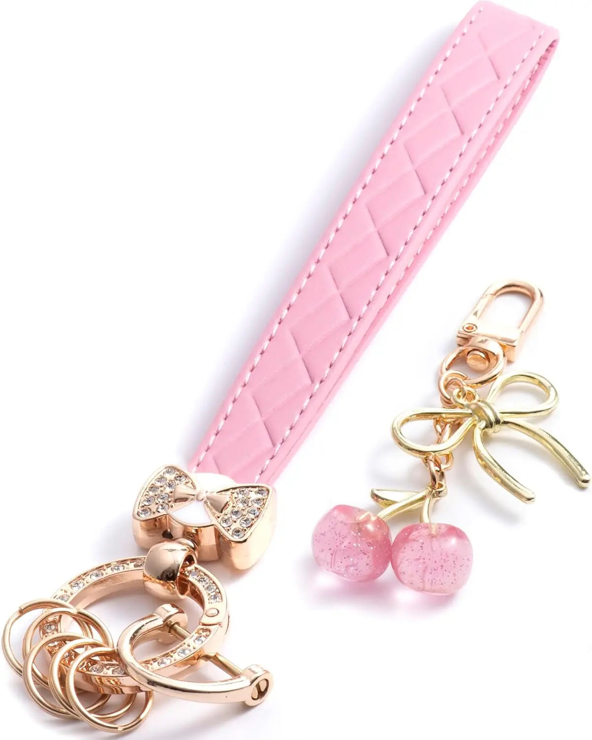 Women's Durable Fashion Wristlet Keychains Set of 2 - Car Key Fob Holder with Cherry Bow Charm, Thanksgiving & Anniversary Gift (Home Organizer Accessory), 3.5 In, Birthday