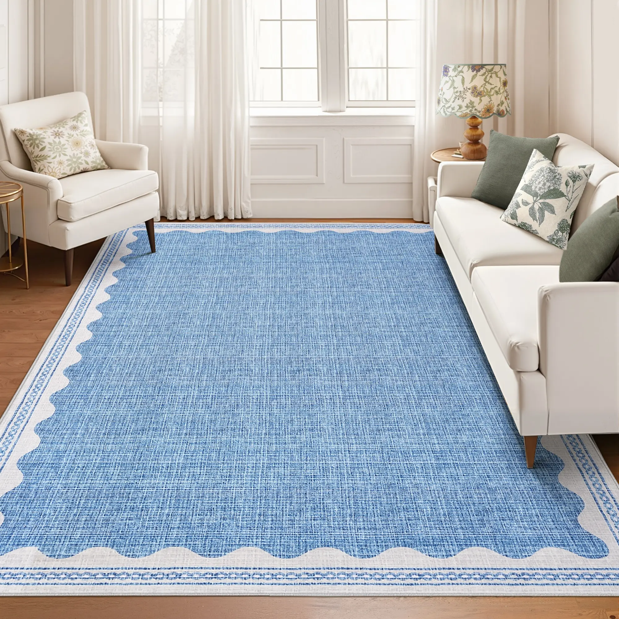 Scalloped Rug Modern Border Rug Washable Short Pile Non-linting Rug for Bedroom and Living room