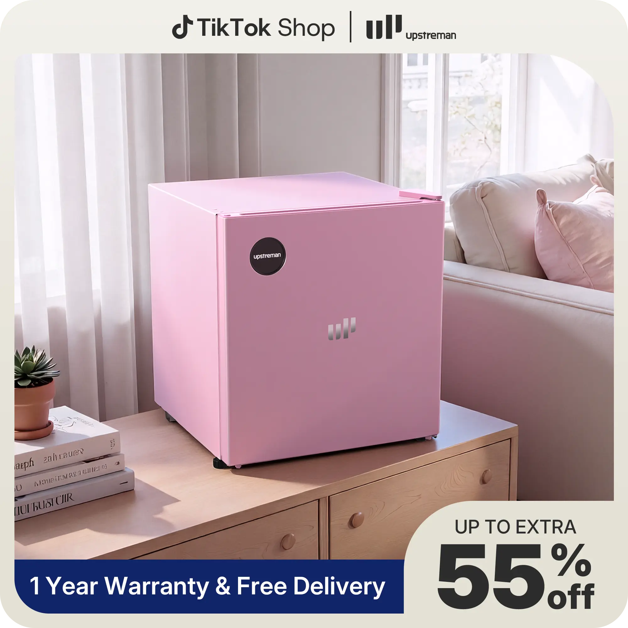 Upstreman 1.5 Cu.Ft Sleek Stainless Steel Mini Fridge - Energy Star Certified, Adjustable Temp Control, Reversible Door, Hidden-Handle Look, Auto Light, Desk-Size Cool Compact Blush Pink for Dorm/Office Small Spaces (CR16)