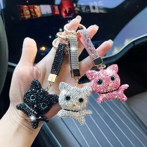 Cute Full Rhinestone Cartoon Cat Keychain, Sparkling Kitten Car Key Ring, Adorable Bag Pendant Charm for Women & Girls