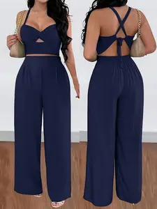 Women's Sexy Vacation Two-Piece Set, Knot Front Hollow Out Fitted Short Top, Cross Back Tie Wide Leg Pants, Summer Fashion