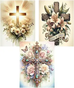 3-Pack Floral Cross Diamond Painting Kit - Religious Floral Rhinestone Art, Full Drill DIY Craft for Wall Decor