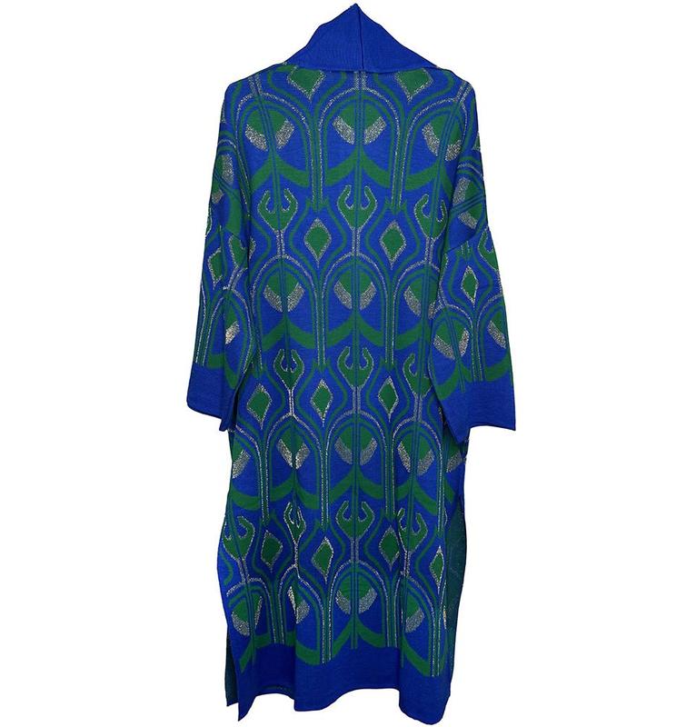 Modest Muslim Women’s Abstract Turkish Tulip Long Knitted Cardigan - Blue & Green