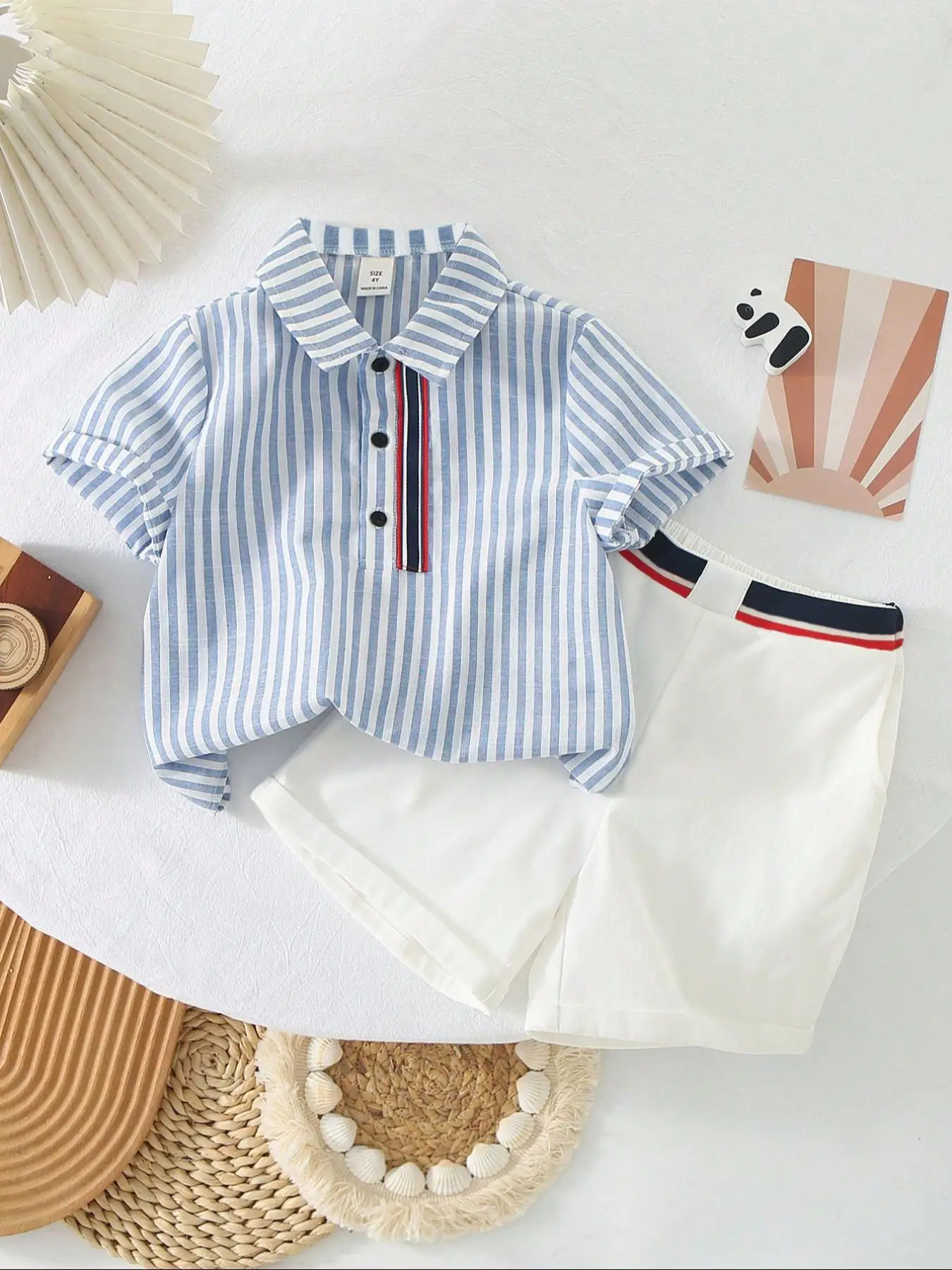 Toddler Boy's Striped Short Sleeve Button Up Shirt & Tape Waist Shorts Set, Casual Collared Top & Elastic Waist Bottoms 2 Piece Set for Summer, Kids