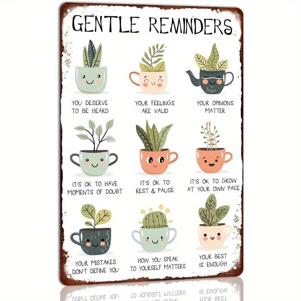 Gentle Reminders Metal Tin Sign, Cute Potted Plants Sign, Wall Decor for Home Farmhouse Living Room Office, Motivated Gifts for Friends, Wall Metal Pl