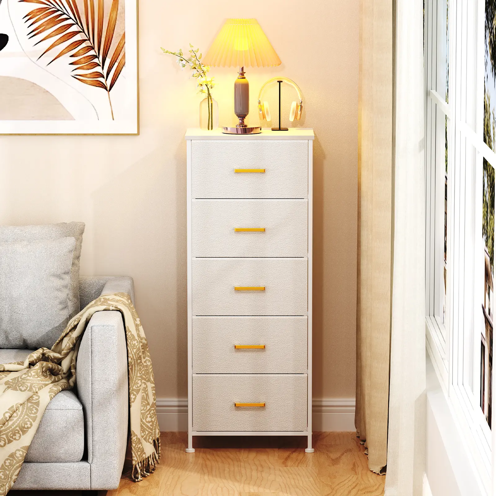 Tall Fabric Dresser with Storage Drawers, Slim Bedroom Storage Tower with Wooden Top and Metal Frame, 45 × 30 × 112 cm