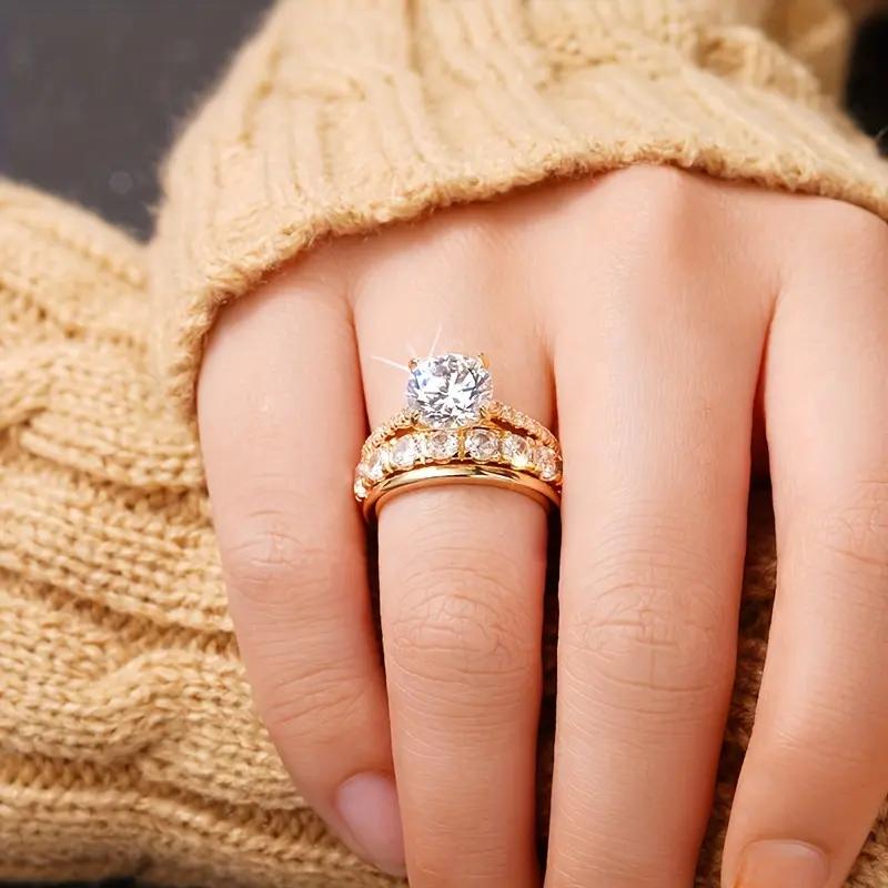 3PCS Stackable Engagement Ring Set for Women | 18K Gold Plated Cubic Zirconia Wedding Band | Hypoallergenic Tarnish-Resistant Promise Bridal Ring for Daily Wear
