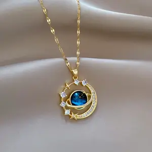 14K Gold Plated Saturn Planet Moon Star Necklace for Women, Blue Crystal Space Pendant, Dainty Celestial Jewelry Gift