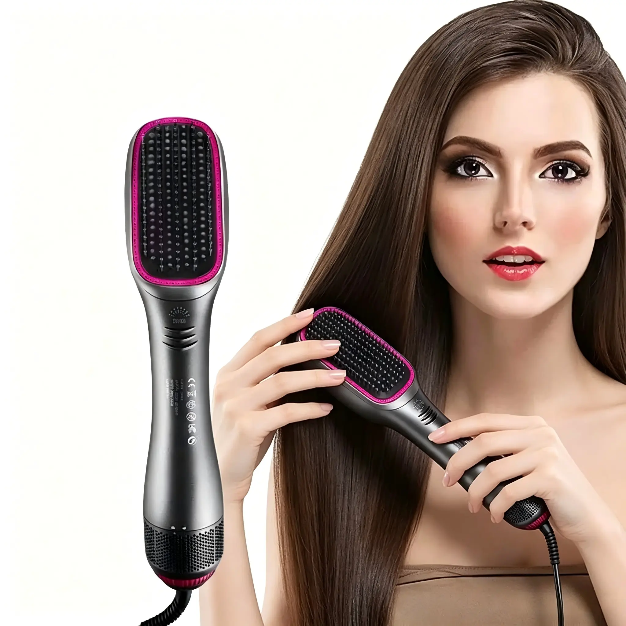 3-in-1 Negative Ion Ceramic Thermal Hair Styler - Salon DIY Hair Tool, Straightener Straightening & Curling Brush, Detangling, Frizz & Static Reduction, Smooth Silky Results