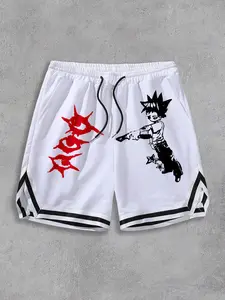 Men's Fashion Street Style Creative Cartoon Pattern Loose High-Quality Sports Boxing Shorts, Cool Breathable Casual Wear