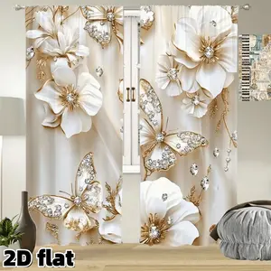 2D Flat 2Pcs Luxury White Floral Butterfly Print Curtains Rod Pocket Style Semi Sheer Polyester Premium Quality Home Decor Suitable for Living Room Bedroom Balcony Kitchen Study Window Treatment Anti Privacy Home Decoration Curtain