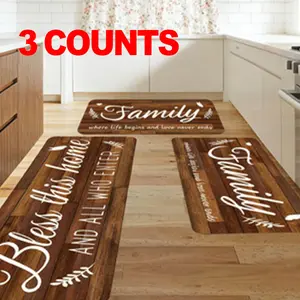 3 Counts Family-Themed Boho Farmhouse Wooden Kitchen Mat Set-Happy Home & Love Never Stops Design-Simple and Durable Long Strip Floor Mat, Outdoor Use Entrance Hallways and Laundry Kitchen, Kitchen Runner Rug