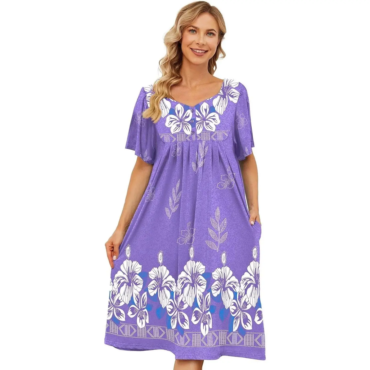 House Dresses for Women with Pockets Moo Moo Nightgown Short Sleeve Mumu Dress Lounge Dress S-5XL