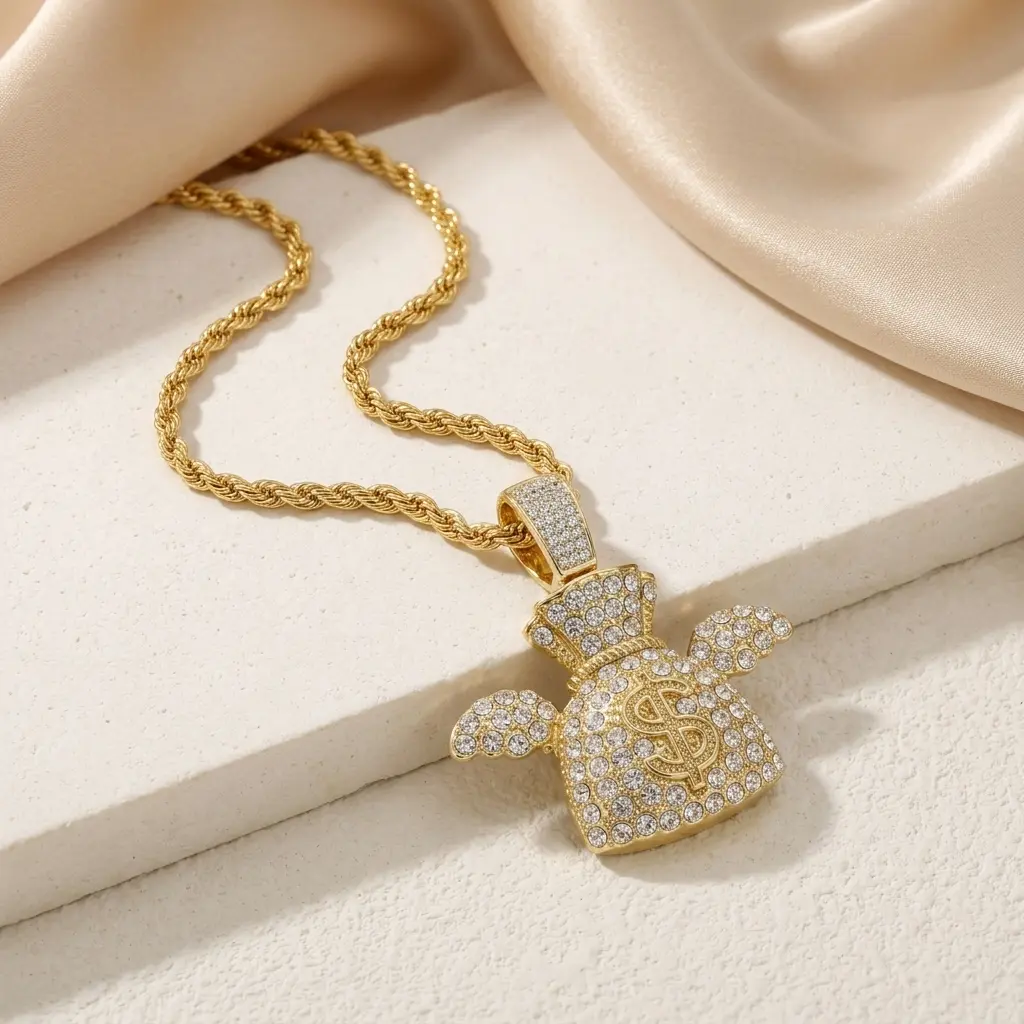 Iced Medium Money Pendant with 4mm Rope