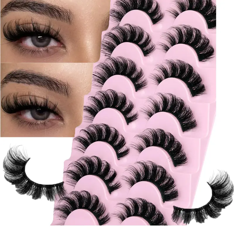 10 Pairs Natural Fluffy False Eyelashes, Wispy Faux Cluster Lashes, Reusable Voluminous Lightweight Eye Lashes, Soft Comfortable Eye Makeup Lashes for Daily & Party Makeup