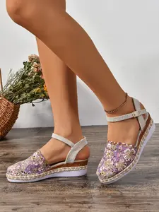 Boho Style Thick Sole Sandals, Hollow Out Breathable One-Strap Flip Flops, Vacation Beach Shoes, Textile Upper, Rubber Sole, Trending Elevated Sandals