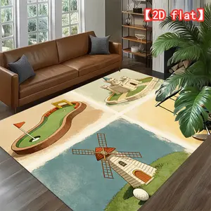 2D flat large hit velvet carpet, golf ball hole castle windmill living room carpet, modern home decoration carpet for entrance, bedroom, and game room