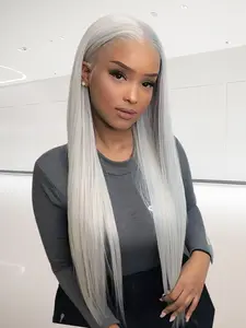 Silver Grey Synthetic Lace Front Wigs Straight Natural Density Preplucked Hairline 13x4 HD Transparent Lace Wig Lace Frontal Wigs for Party Christmas Halloween 28 Inch Natural Looking Wigs