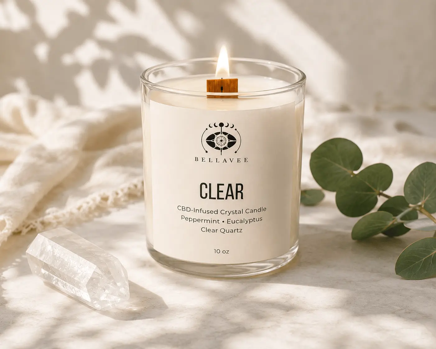 CLEAR | CBD Crystal Candle | Peppermint & Eucalyptus | Clear Quartz | BellaVee