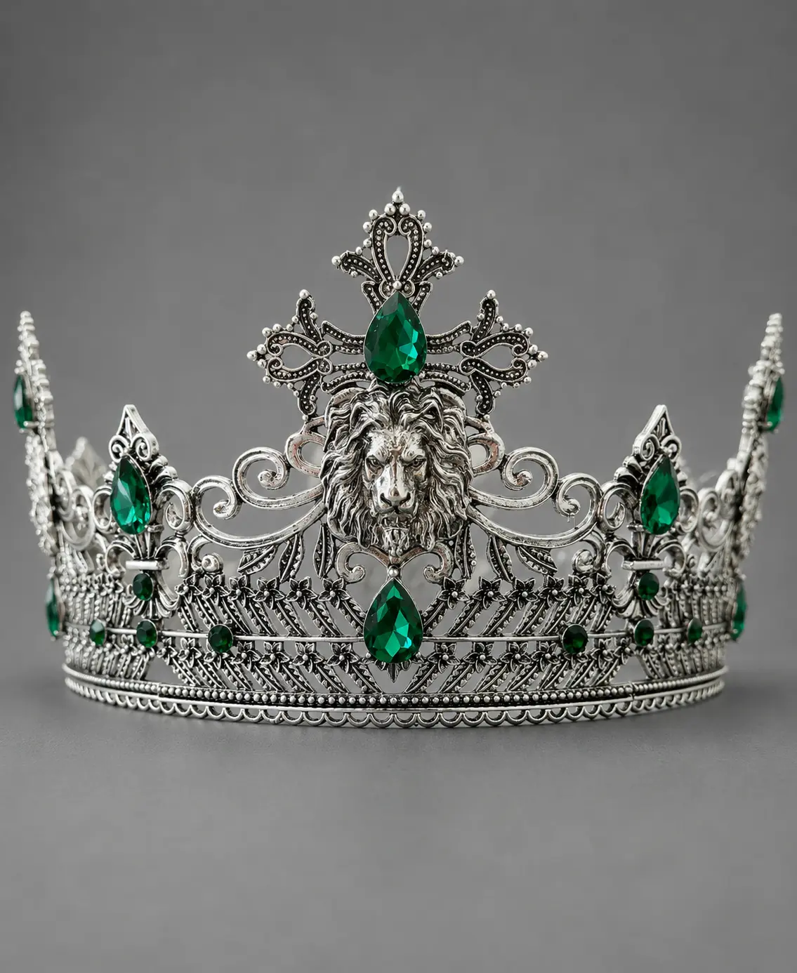 Men’s Emerald Green-Silver Gothic Royal Crown, Lion King Themed Pageant Tiara, Medieval Costume Headpiece, Regal Wedding Accessory