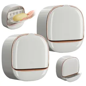Wall-Mounted Soap Dish with Lid - Bathroom soap dish, no drilling required, wall-mounted, space-saving, includes lid and drain (White)