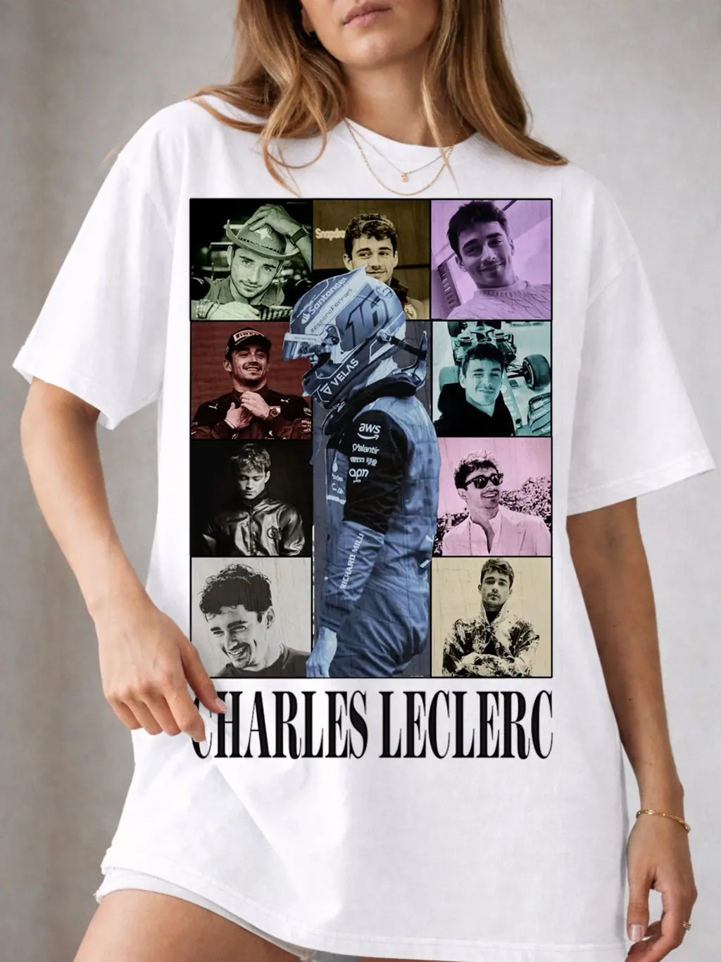 Charles Leclerc Collage Graphic T-Shirt Full Logo, Multi Photo Racing Driver Print Tee, Vintage Style Streetwear Shirt