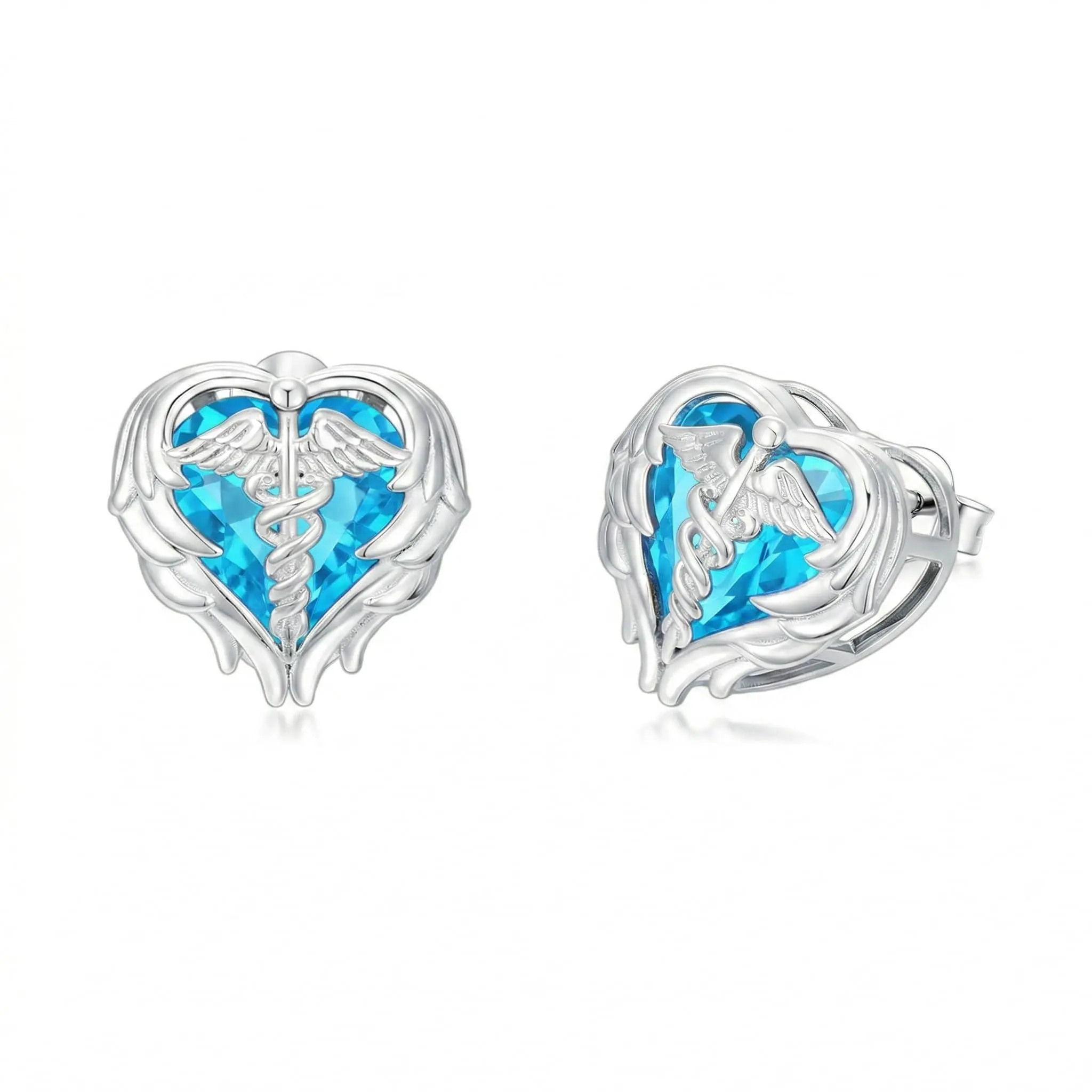 Caduceus Nurse Earrings 925 Sterling Silver Nurse Angel Wing Heart Earrings Nursing Graduation Jewelry Gifts for Women Doctor Medical Student-Bright Blue