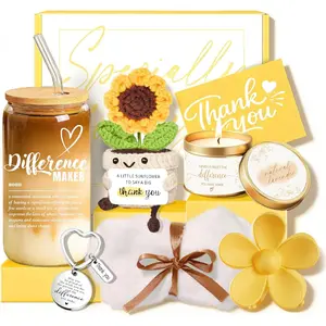 Thank You Appreciation Gift Basket for Women Unique Set with Sunflower Scented Candle Glass Cup Crochet Decor for Coworkers Teacher Employee Volunteer Social Worker Paraprofessional