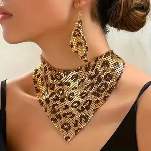 2026 New Leopard Print Sequin Jewelry Set, featuring triangle scarf necklace and matching earrings. Exaggerated clavicle chain design, trendy eye-catching accessories for all occasions.