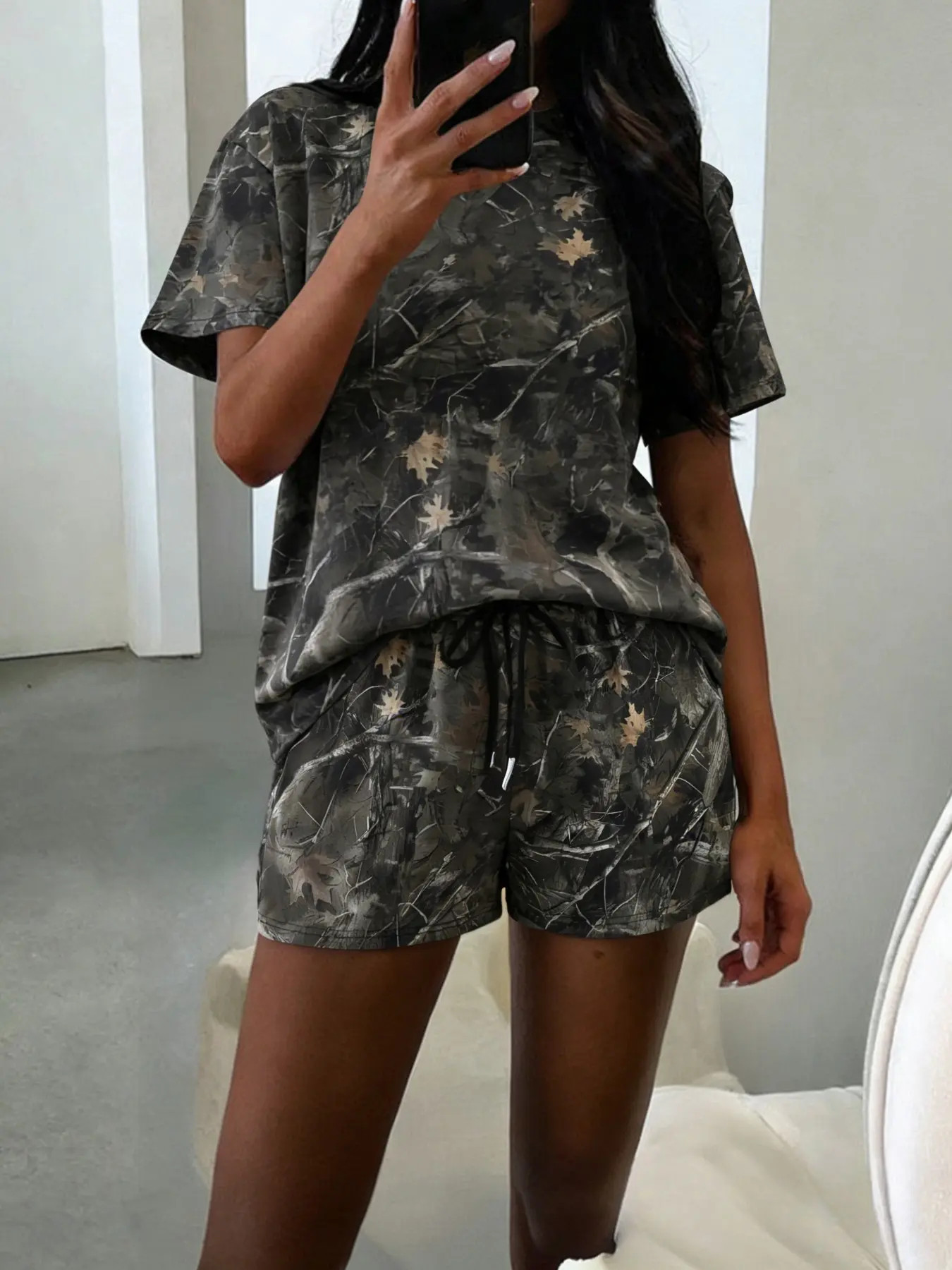 Women's Camo Tree Branch Pattern Print Loose Short Sleeve T-Shirt & Drawstring Waist Shorts Set, Casual Summer, Outdoor, Everyday, Adjustable, Fit, Comfortable Fashion, Womenswear