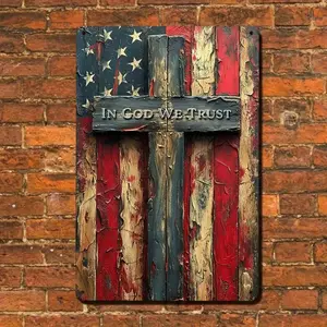 Vintage Christian Metal Wall Sign – "In God We Trust" American Flag Cross Decor, 8x12 Inch Rustic Aluminum Plaque, UV Printed Faith Wall Art for Home, Office, Porch, Indoor & Outdoor