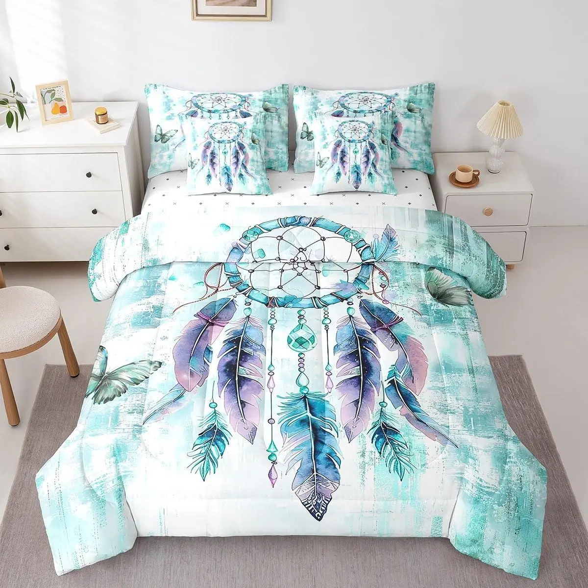 7pcs Hippie Dreamcatcher Bedding Teal Ombre Comforter Set,Blue Butterfly Bedding Comforter Sets Watercolor Gradient Bed in a Bag,Exotic Style Tribal Feathers Bedding